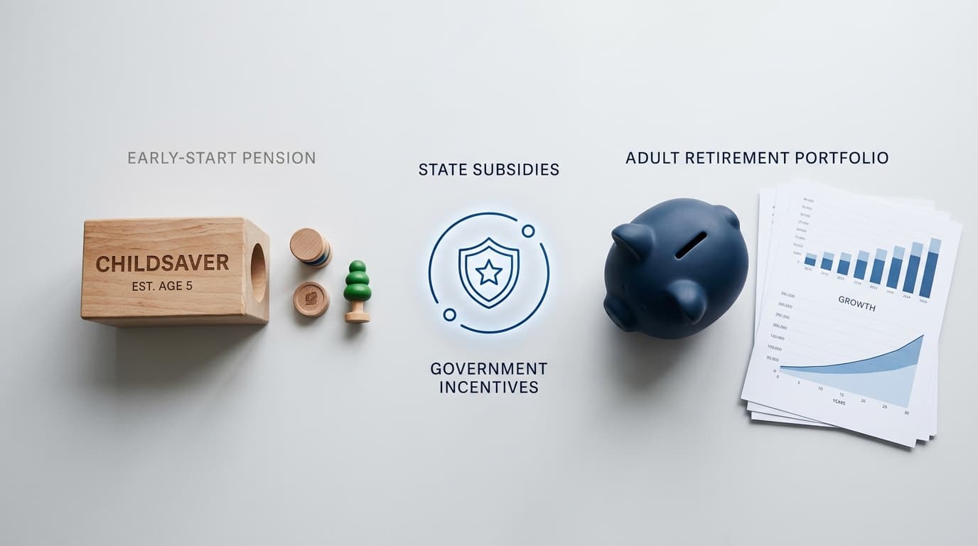 Infographic comparing the Frühstart-Rente for children and the Altersvorsorgedepot for adults, with icons for age groups and state subsidies.