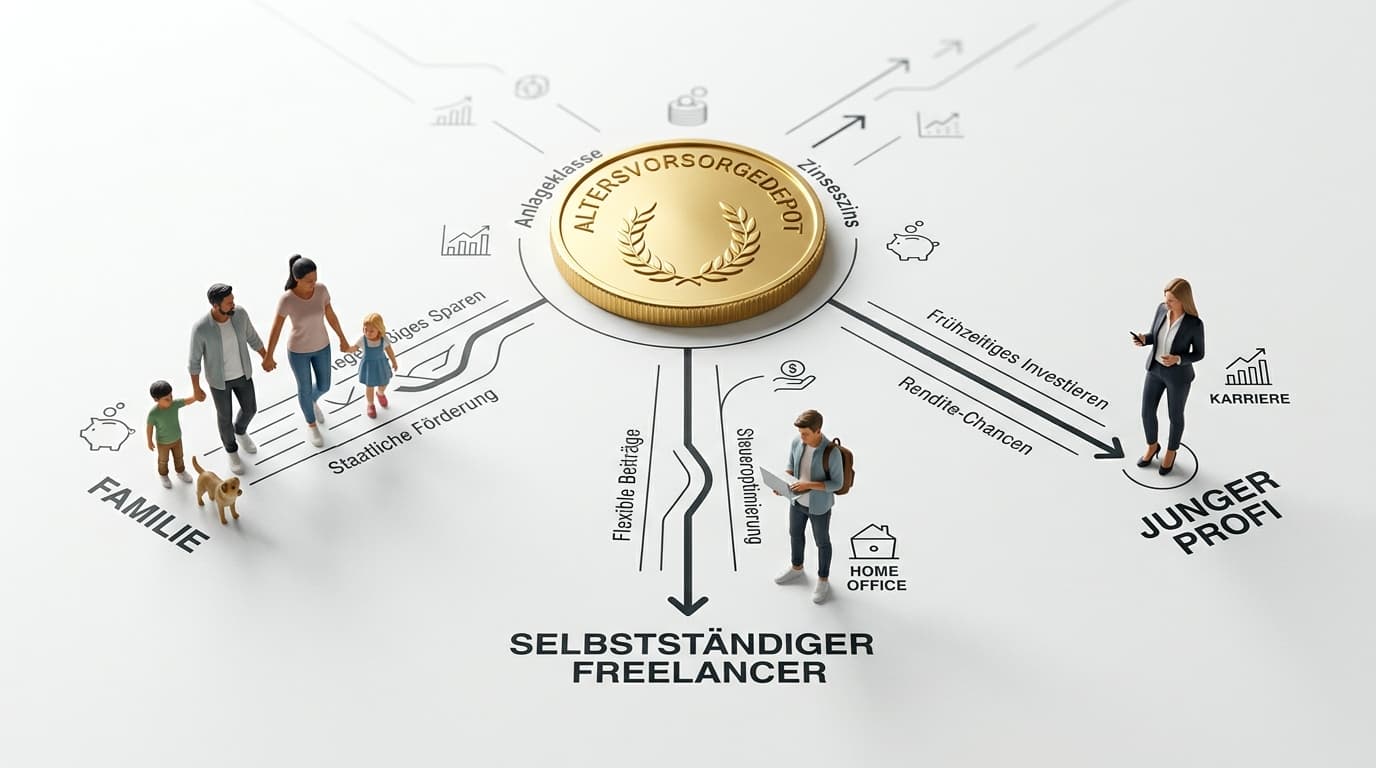 A modern, stylised overview graphic showing different saver types - families, the self-employed and young career starters - choosing their path to the new Altersvorsorgedepot.