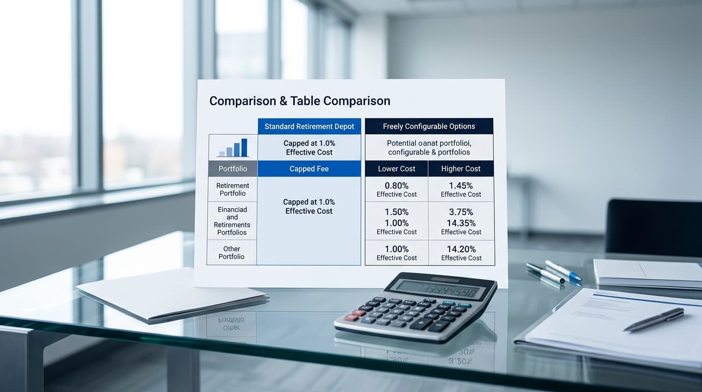 Infographic comparing effective costs between the Standarddepot with its 1.0 percent cost cap and freely configurable Altersvorsorgedepots.