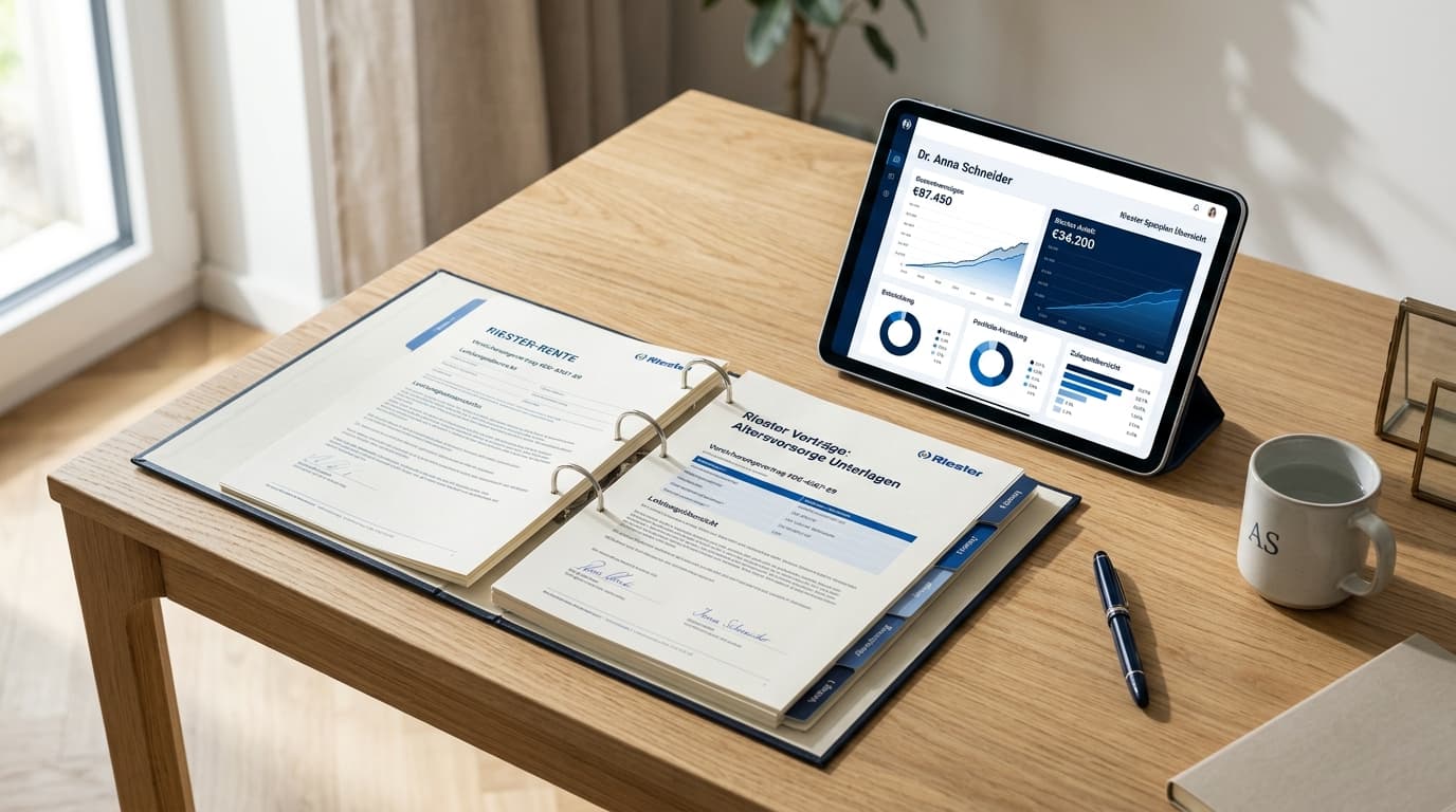 A folder of Riester contract documents sits next to a modern tablet displaying a digital Altersvorsorgedepot, on a desk.