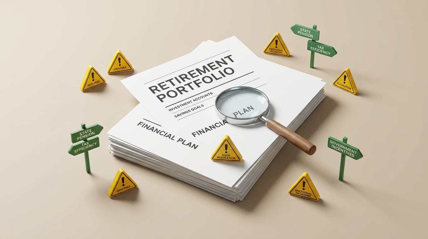 An illustrative graphic showing a magnifying glass over an Altersvorsorgedepot, surrounded by warning symbols for typical mistakes and signposts for state allowances.