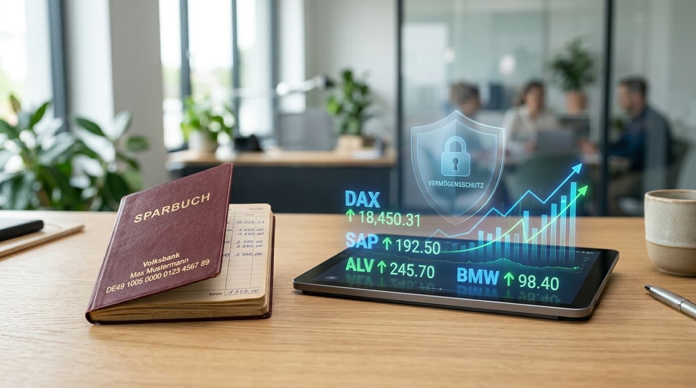 A protected savings book and digital securities icons on a tablet, symbolising financial security and protection from seizure for the Altersvorsorgedepot.