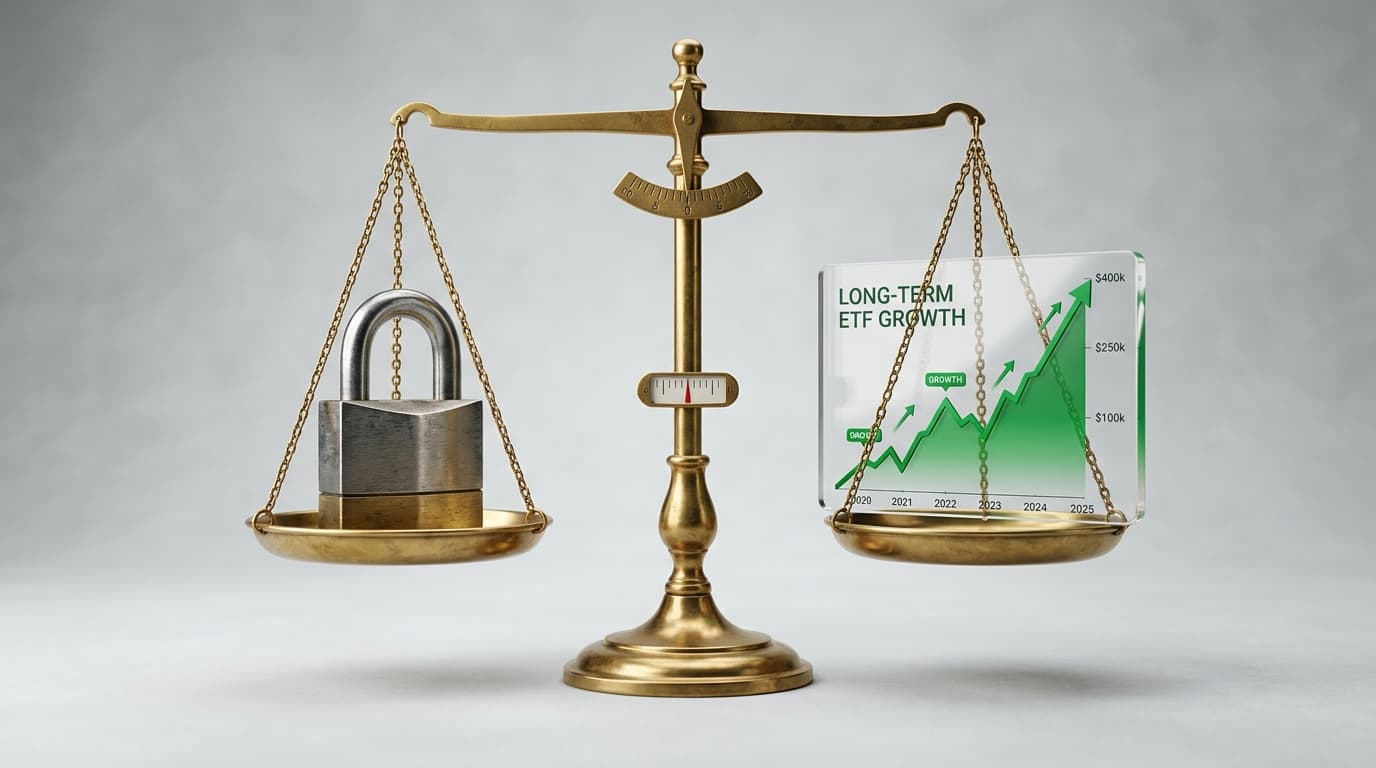 A scale balancing a secure padlock on one side against a rising line chart for long-term ETF growth on the other.