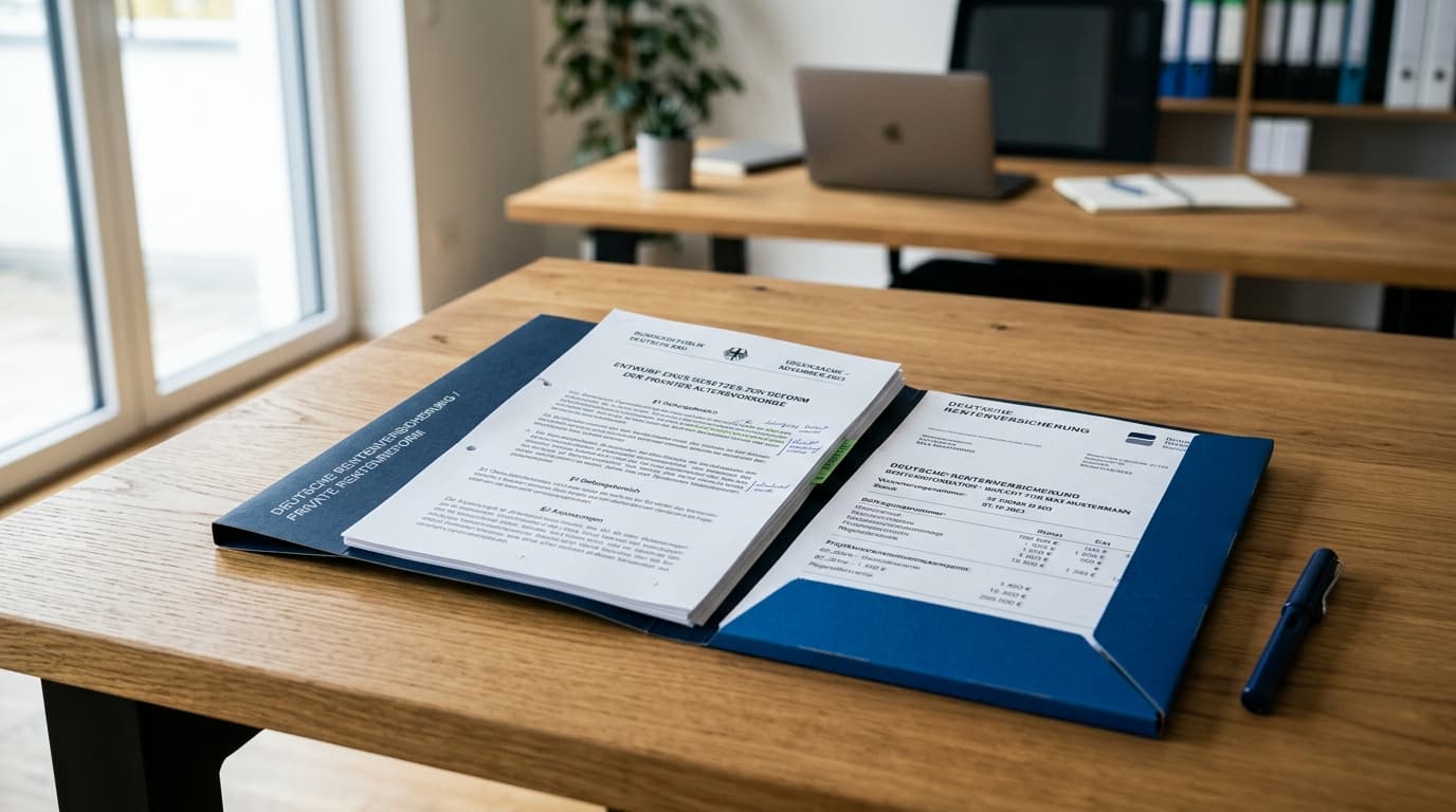 A folder with pension documents and a piece of legislation on the reform of private retirement provision, on a wooden desk.