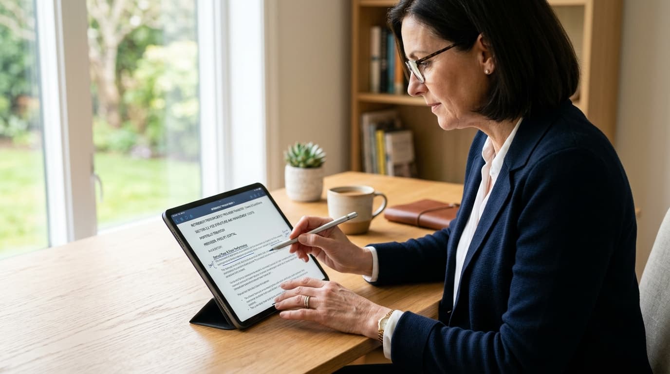 An investor reviews documents and terms on a tablet before switching Altersvorsorgedepot provider.