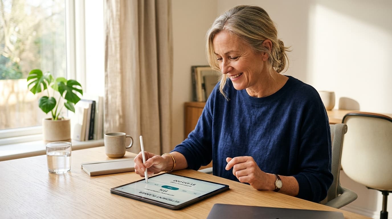 A person sits relaxed at a desk and flexibly adjusts their Altersvorsorgedepot savings rate on a tablet.