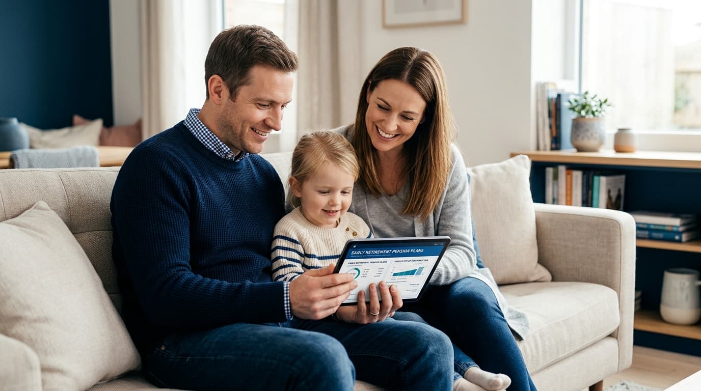 Parents look together with their child at a digital savings tablet, planning the Frühstart-Rente and private top-up contributions