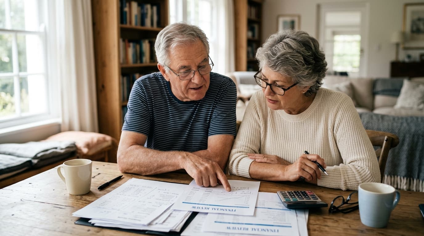Ein Rentnerpaar prüft Finanzunterlagen am Tisch und vergleicht Auszahlungsoptionen für das Altersvorsorgedepot, symbolisch für die Wahl zwischen Leibrente und Auszahlplan bis 85. · KI-generiert