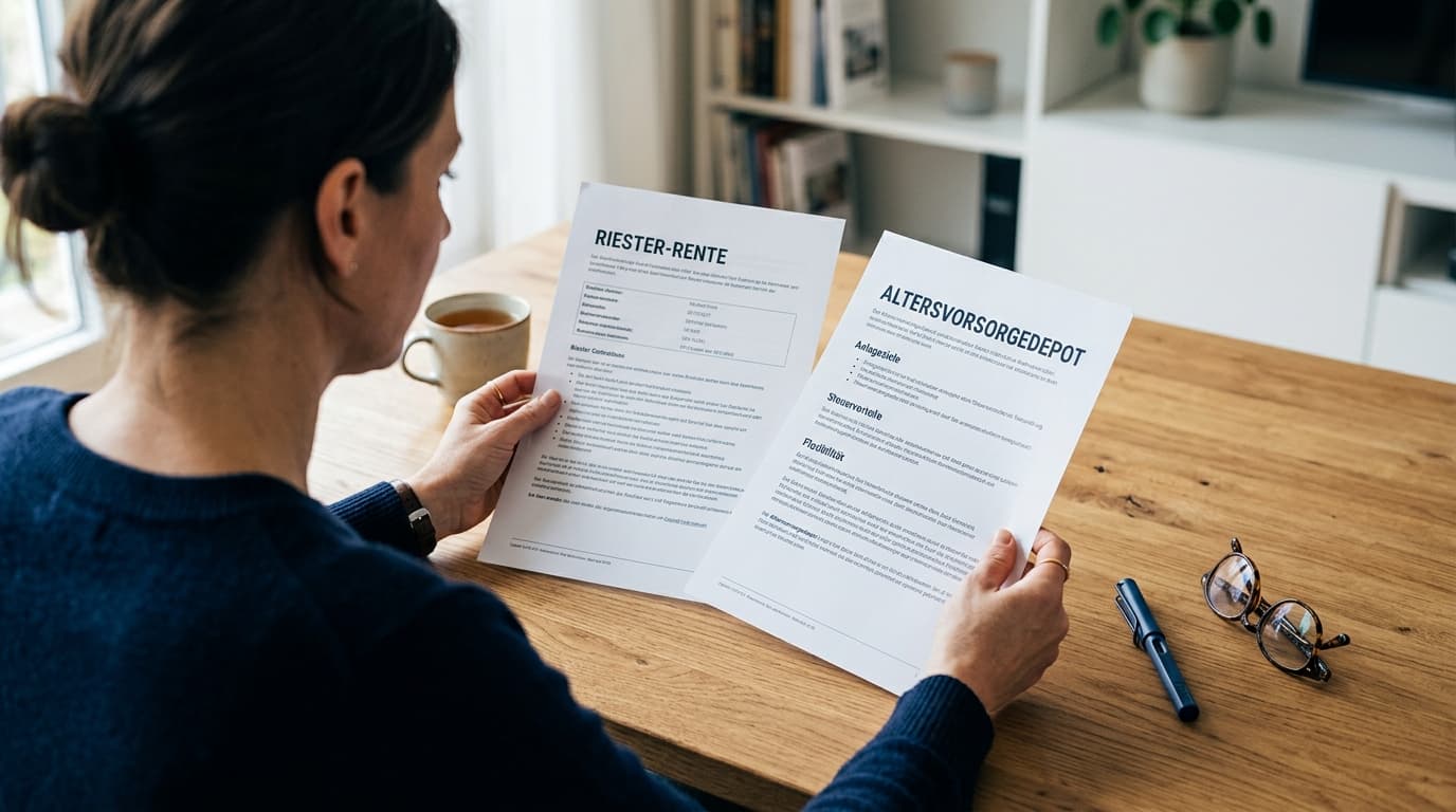A saver at a desk compares documents on Riester contracts and the new Altersvorsorgedepot for retirement planning