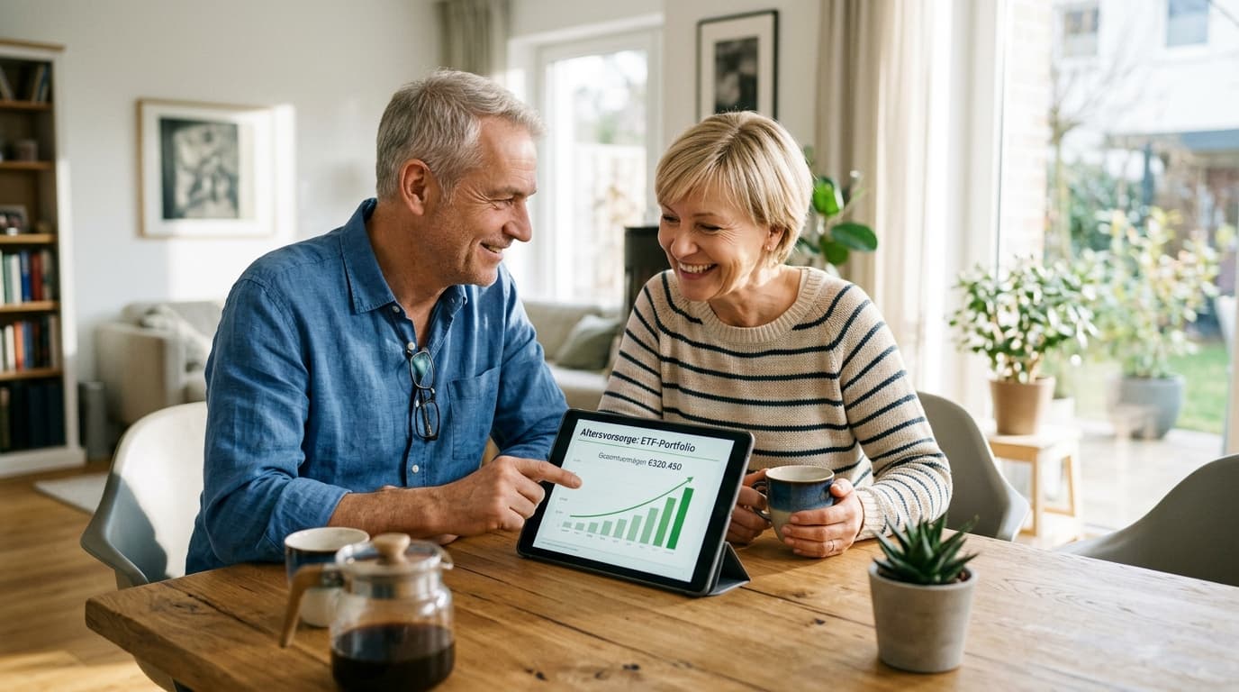 An older couple in their 50s sits relaxed at a table with a tablet, smiling as they discuss their private pension provision and ETF investments.