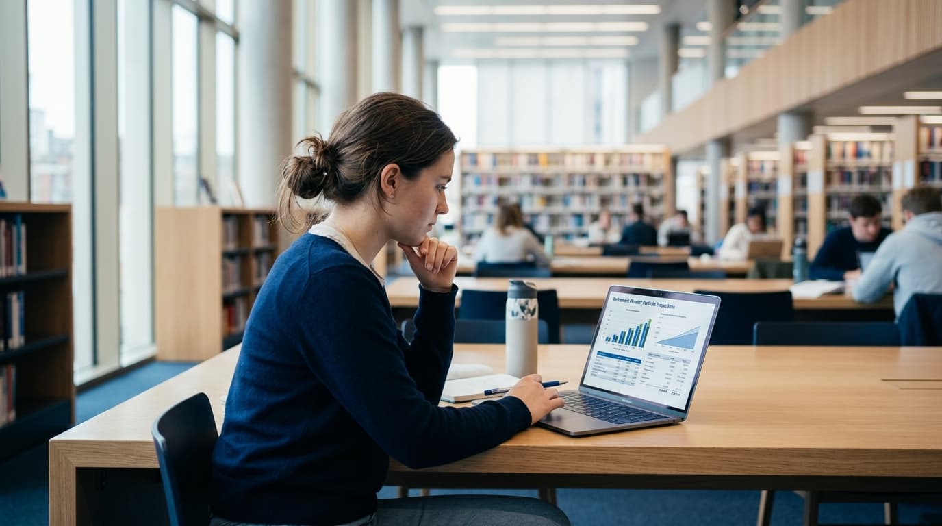 A young female student works on her laptop on campus, analysing a calculation for the Altersvorsorgedepot.