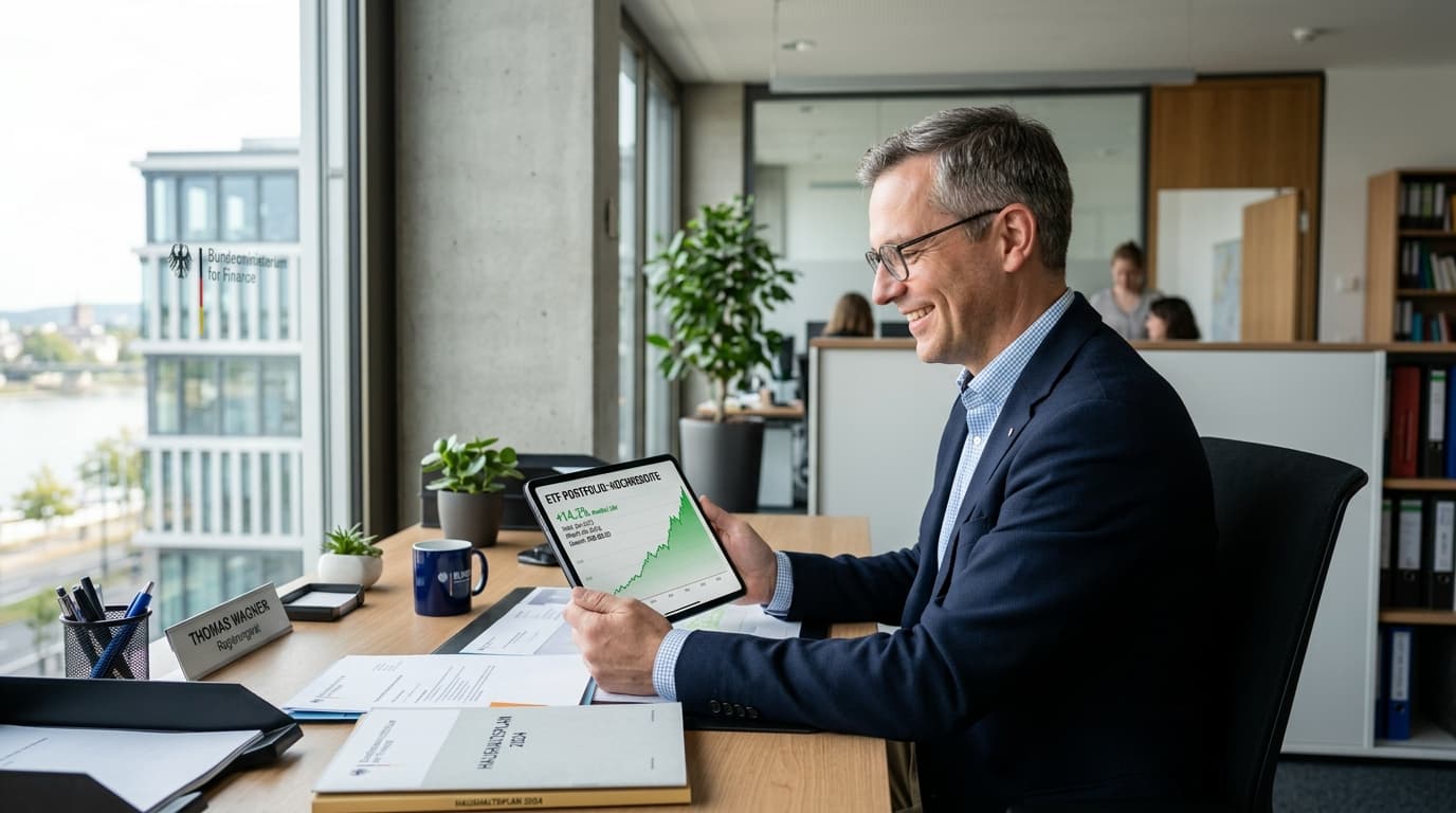 A happy German civil servant in the office, smiling as he reviews a return-focused ETF portfolio in the new Altersvorsorgedepot on his tablet.