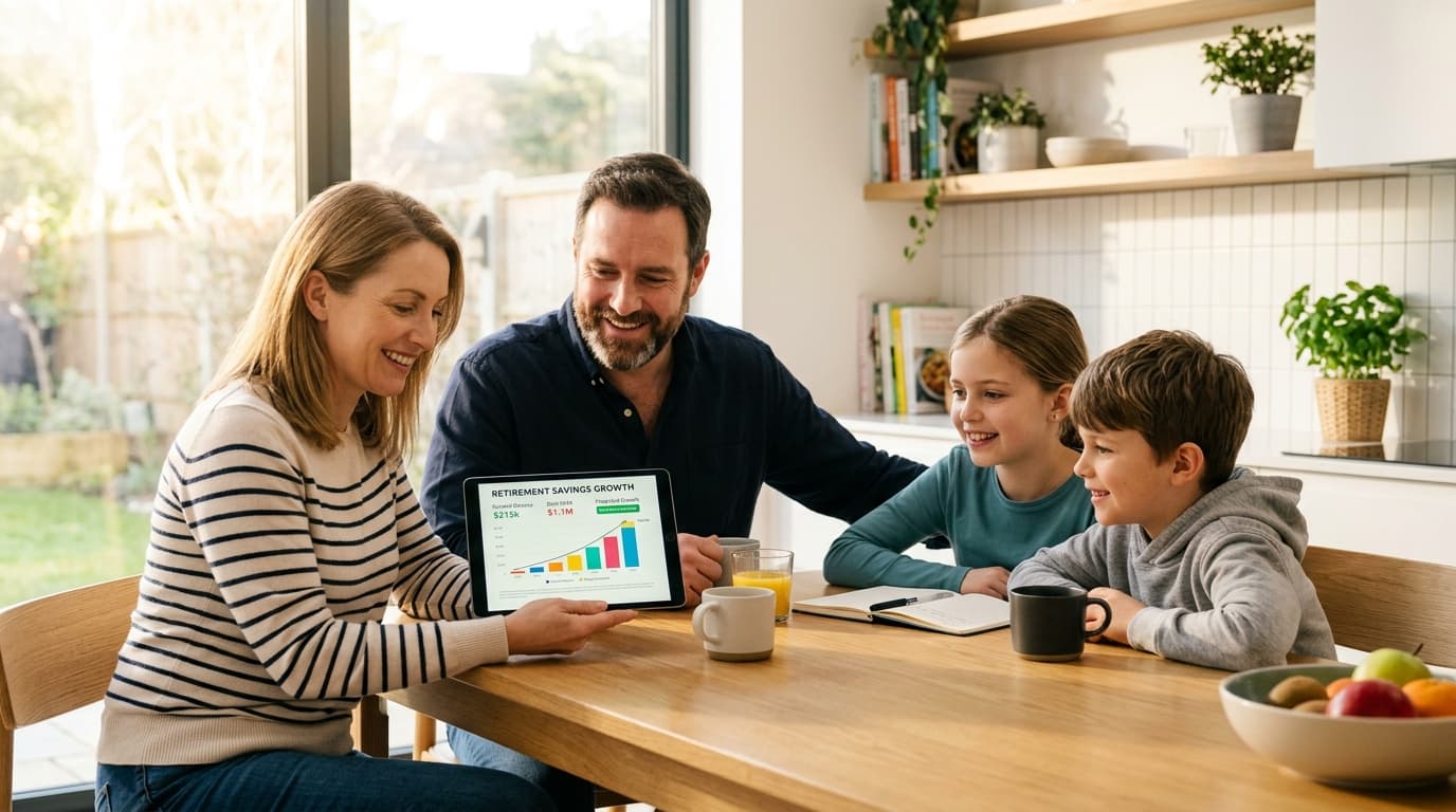A happy family with two children sits together at the kitchen table, relaxed as they discuss their financial future using a tablet showing charts on retirement provision.
