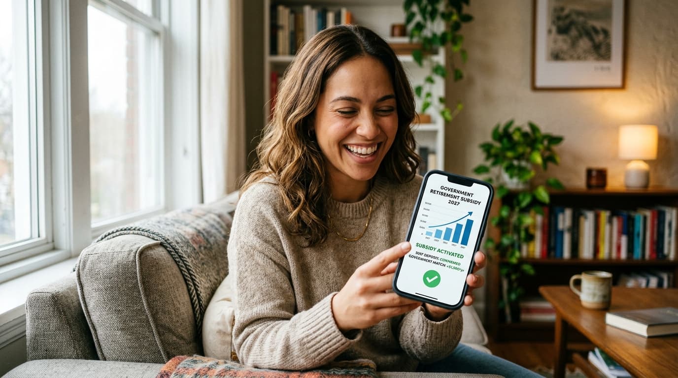 A young person on a low income smiles at their smartphone, which clearly displays the state allowances for the new Altersvorsorgedepot 2027.