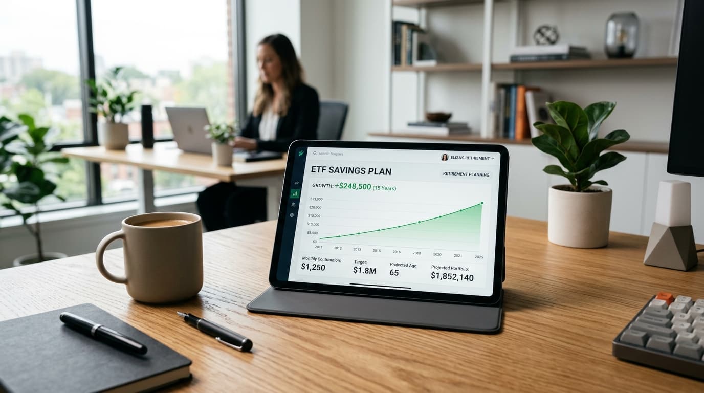 A modern workspace belonging to a successful professional, with a tablet showing a rising ETF savings plan and calculations for the Altersvorsorgedepot for high earners.