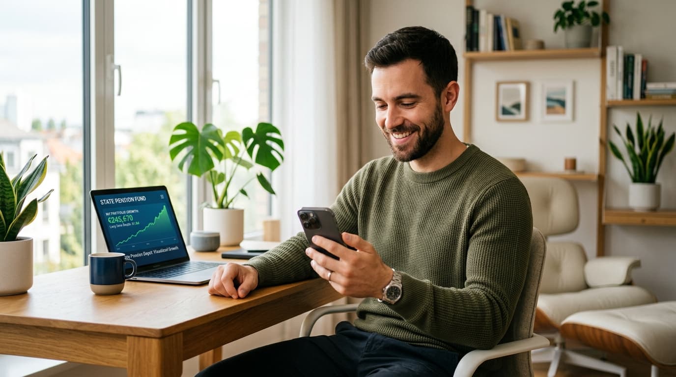 A young professional smiles at his smartphone, picturing the long-term wealth he is building with the new, state-subsidised Altersvorsorgedepot.