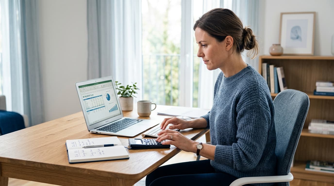 A woman works at her laptop at her desk, using a calculator to work out her Altersvorsorgedepot subsidy entitlement for part-time work.