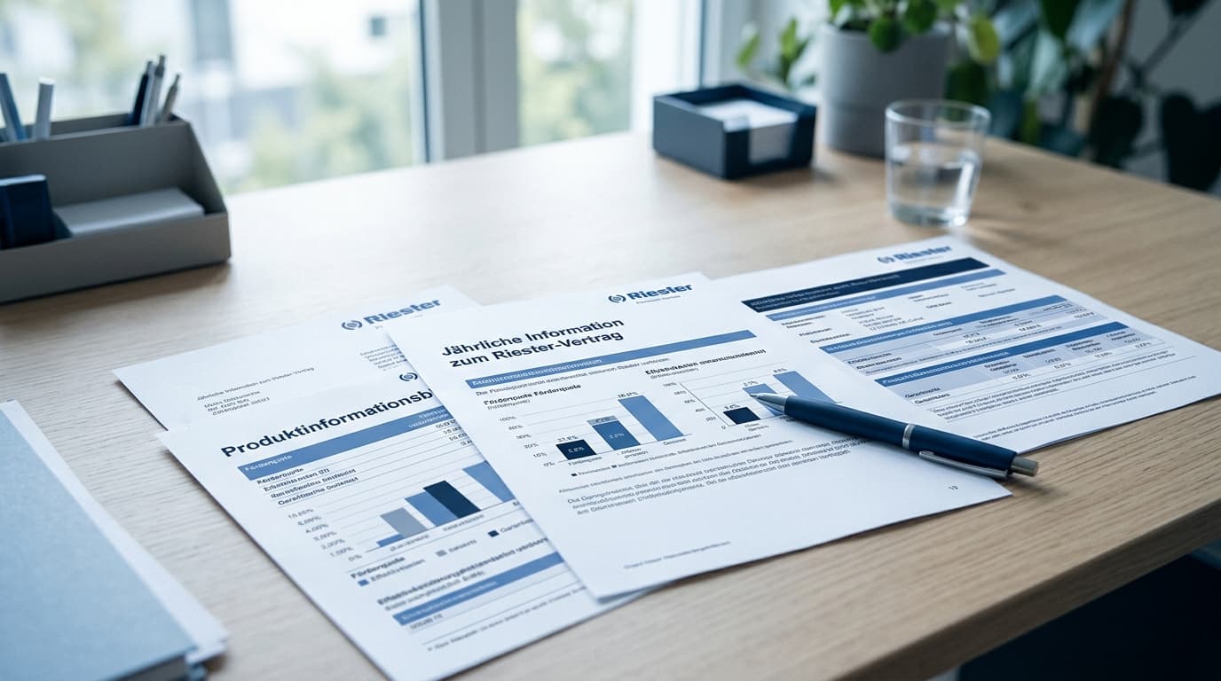 Riester-Vertragsunterlagen mit jährlicher Information, Produktinformationsblatt und Stift mit Förderquote, Effektivkosten und Garantiezins auf einem Schreibtisch · KI-generiert