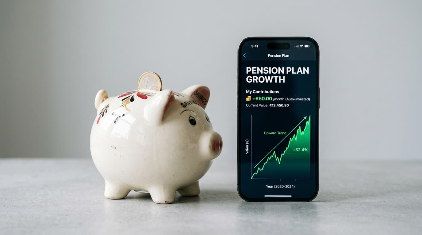 A piggy bank stands next to a smartphone showing a rising share chart for an Altersvorsorgedepot with small contributions.
