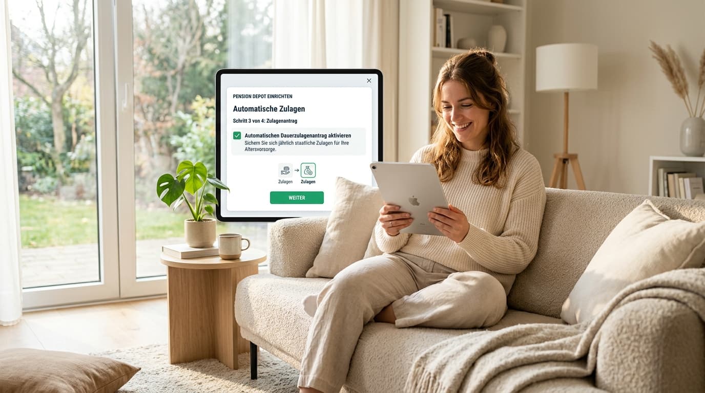 Illustration of a saver opening an Altersvorsorgedepot digitally on a tablet and activating the automatic standing allowance application.