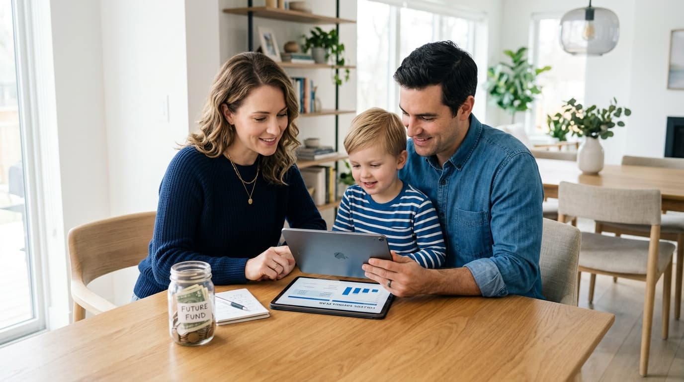 Stock image of a family doing financial planning for their child, with a savings jar and digital documents