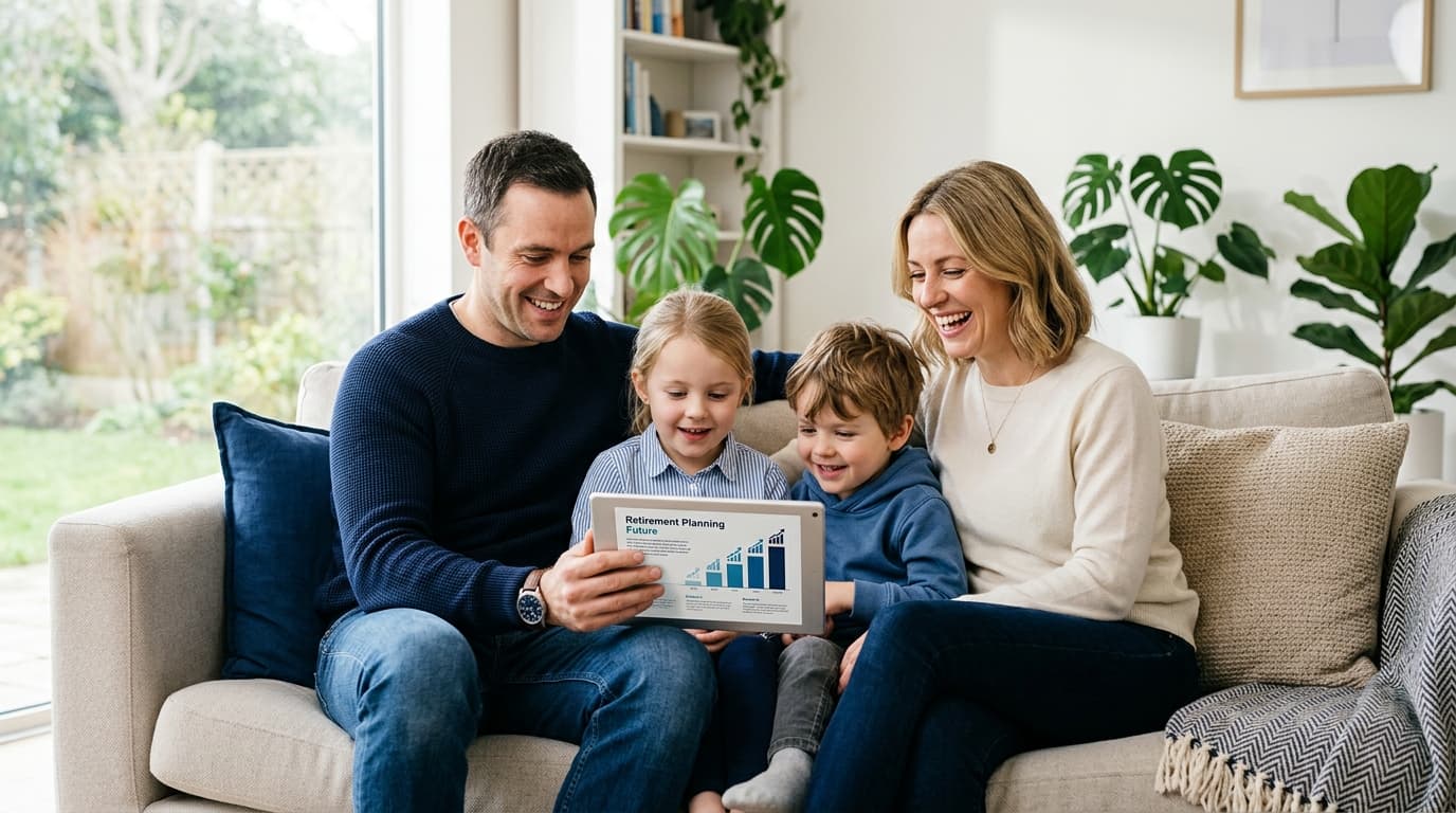 A happy family of four with two young children sits relaxed in the living room, planning their financial future for retirement together on a tablet.