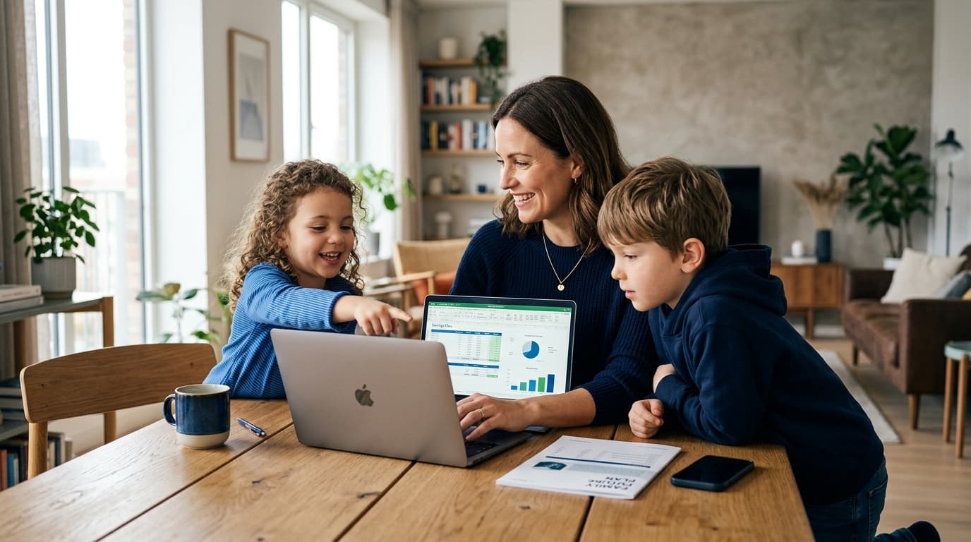 A single mother sits smiling with her two children at a laptop, relaxed as she plans her financial future with the Altersvorsorgedepot.
