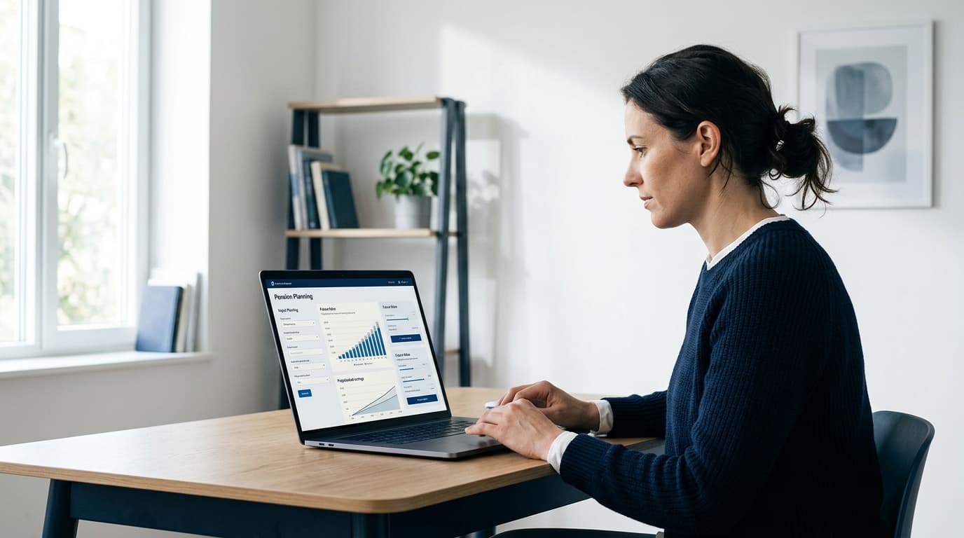 A person sits at a laptop, using an online calculator to work out the state subsidy and tax savings for the new Altersvorsorgedepot.