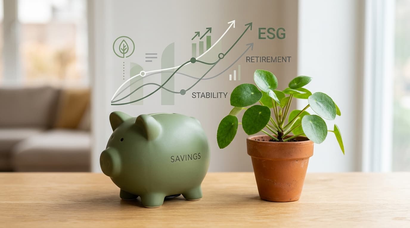 A stylised green piggy bank next to a plant and charts, symbolising the connection between sustainable ESG investments and long-term retirement saving in the account.
