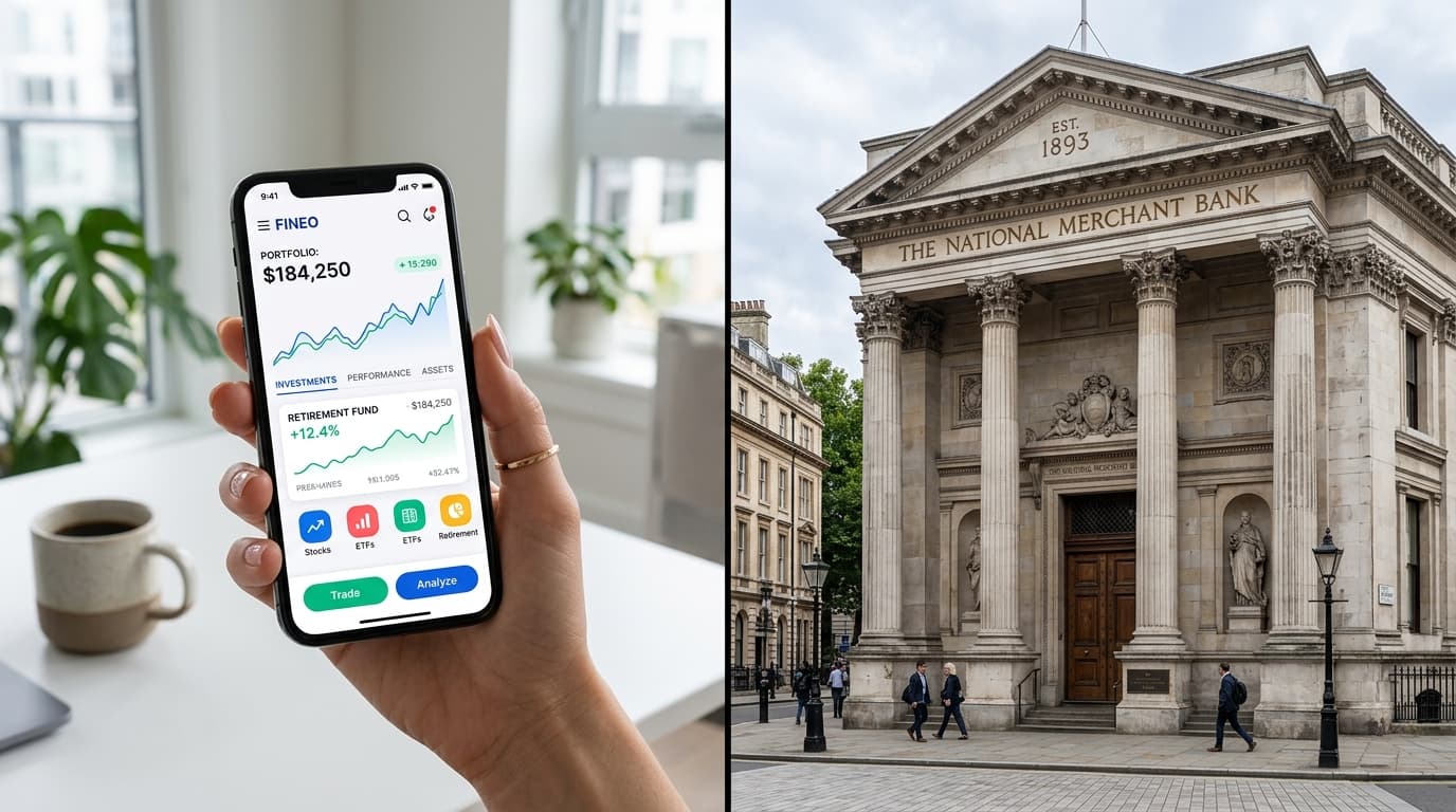 Eine helle, moderne Grafik, die den Vergleich zwischen einer digitalen Smartphone-App eines Neobrokers und dem klassischen Gebäude einer etablierten Bank darstellt.