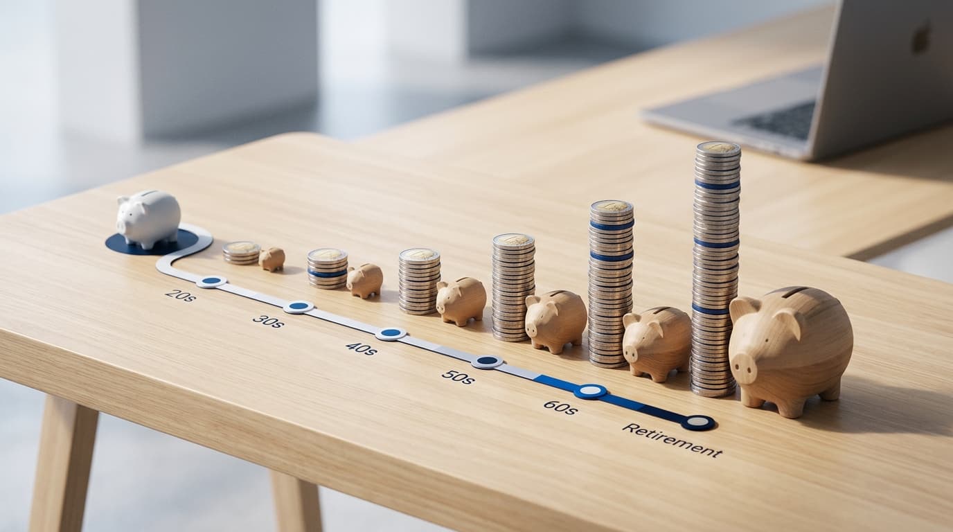 Infographic on the Frühstart-Rente showing the state subsidy of 10 euros a month and how the assets grow up to retirement age.
