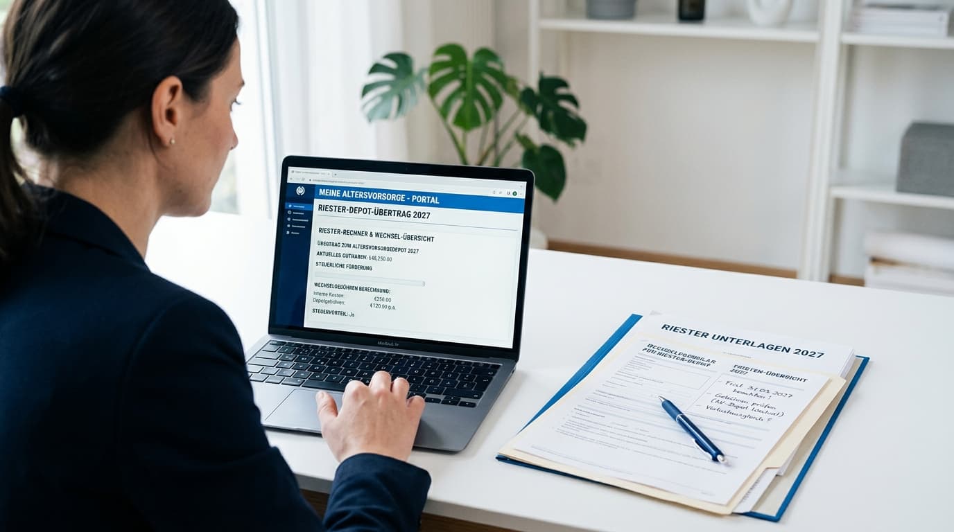 Eine Person vergleicht an einem Laptop verschiedene Riester-Dokumente und Formulare, um die Wechselkosten und Fristen für den Übergang ins neue Altersvorsorgedepot 2027 zu berechnen.