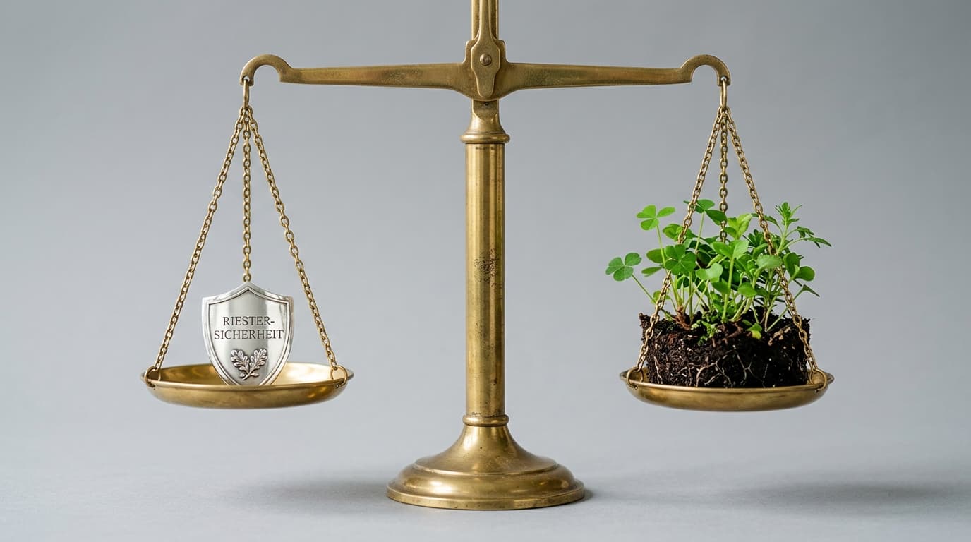 A set of scales with a protective shield for Riester security on one side and growing plants for account returns on the other.
