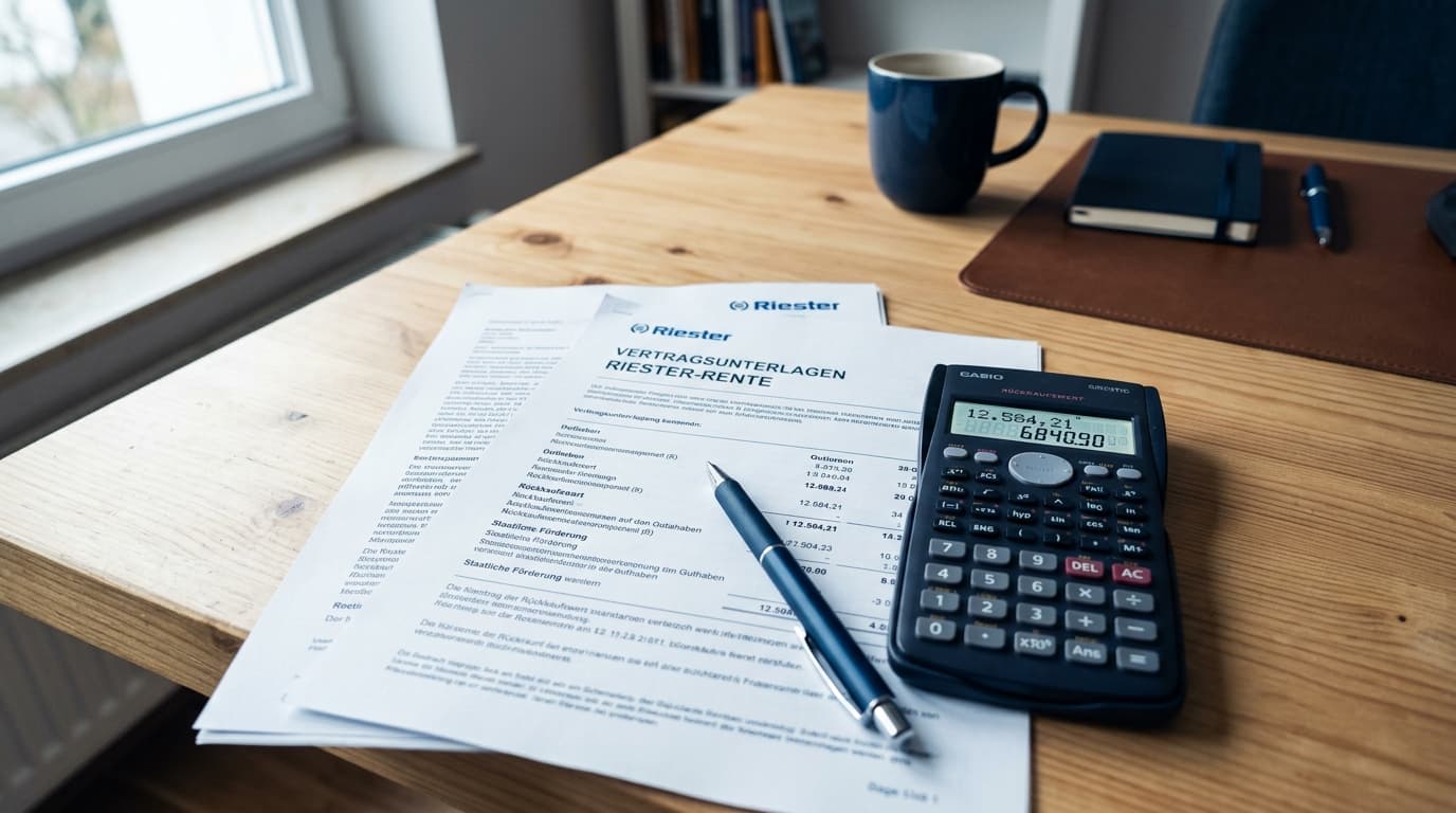 Riester-Rente contract documents next to a calculator on a desk, illustrative image for calculating the surrender value · AI-generated