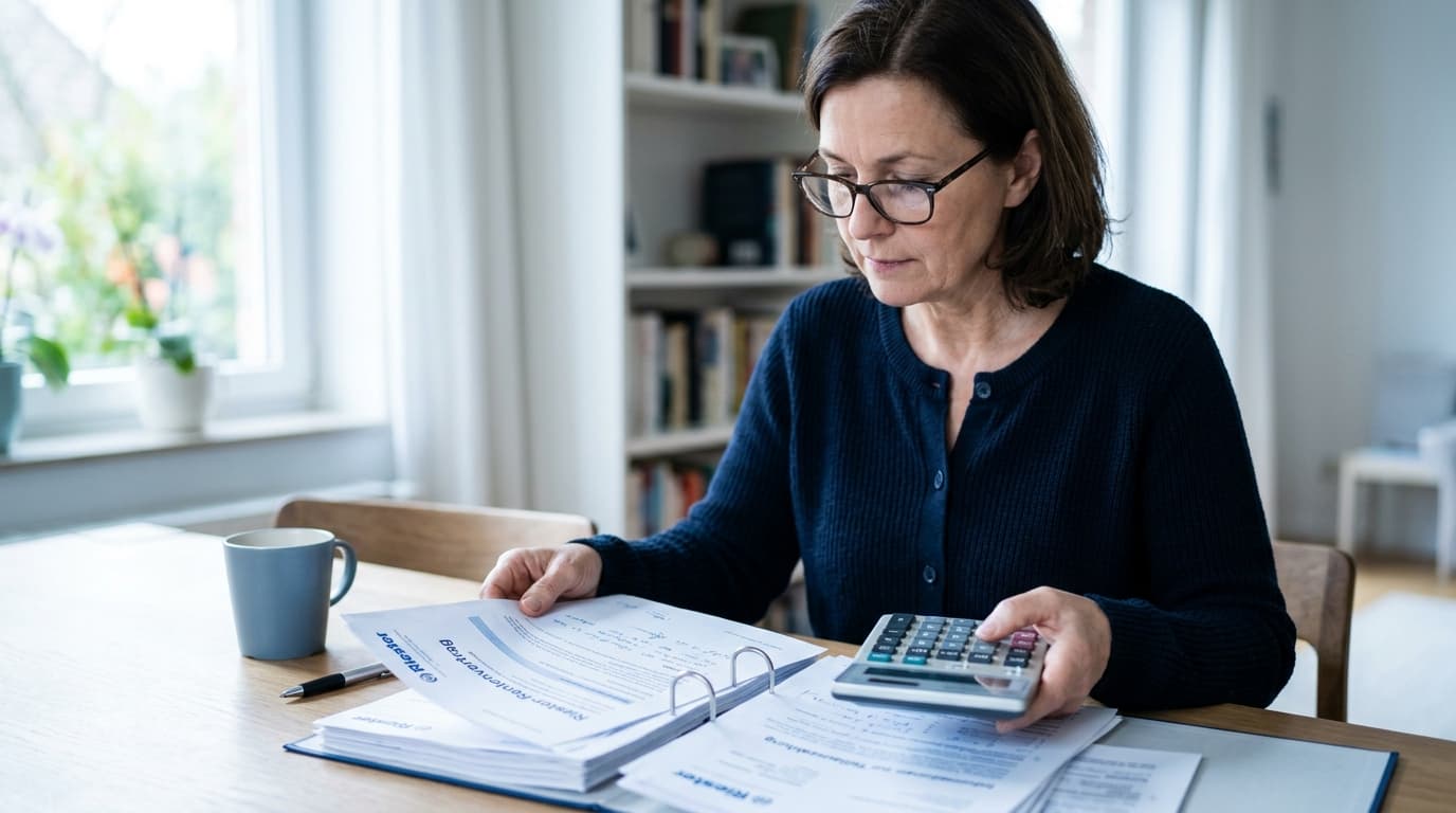 Illustration: a saver checks the partial payout of her Riester-Rente with her contract documents and a calculator before retiring · AI-generated