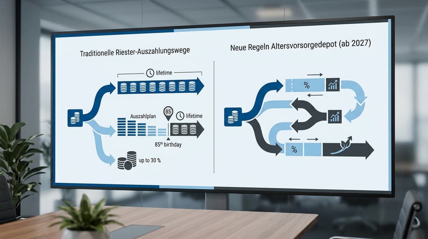 Schematic overview of the Riester payout options: a lifelong life annuity, a drawdown plan with annuitisation from age 85 and a lump sum of up to 30 percent, set against the new Altersvorsorgedepot rules from 2027 · AI-generated