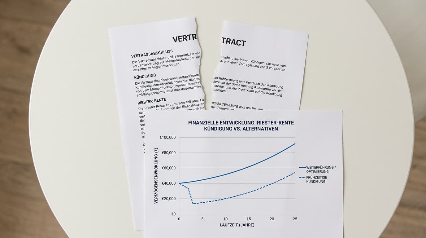 Graphic showing a torn-up contract next to a chart illustrating the losses from cancelling a Riester-Rente compared with the alternatives.