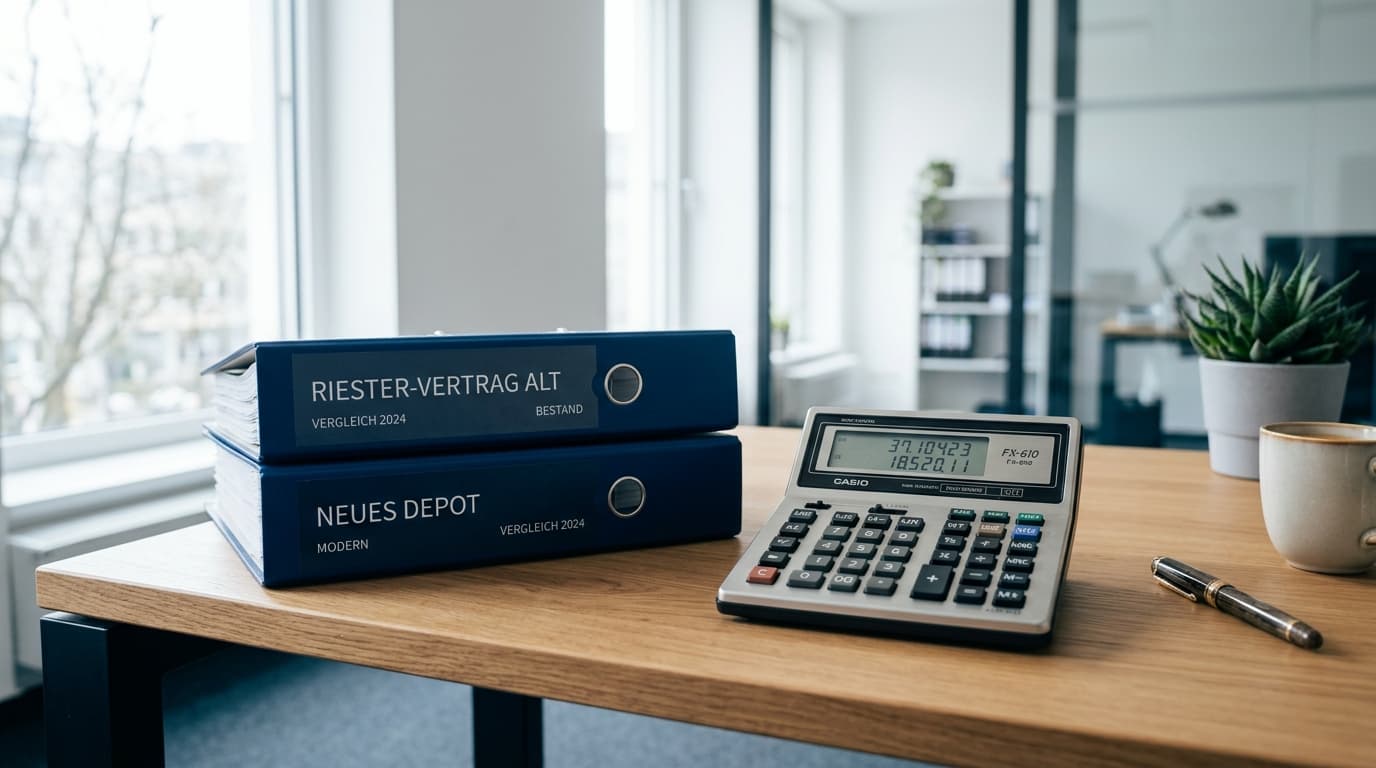 Eine neutrale Darstellung von Aktenordnern und einem Taschenrechner auf einem Schreibtisch, die die finanzielle Analyse eines alten Riester-Vertrags im Vergleich zum Altersvorsorgedepot verdeutlicht.