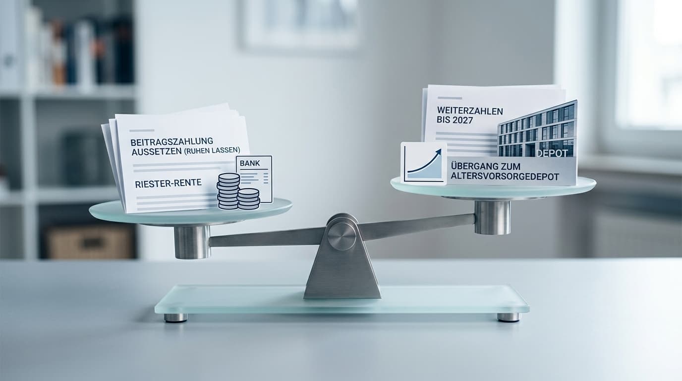 Grafische Darstellung einer Waagschale, die das Ruhenlassen der Riester-Rente gegen das Weiterzahlen bis zum neuen Altersvorsorgedepot 2027 abwägt, mit neutralen Finanzelementen.