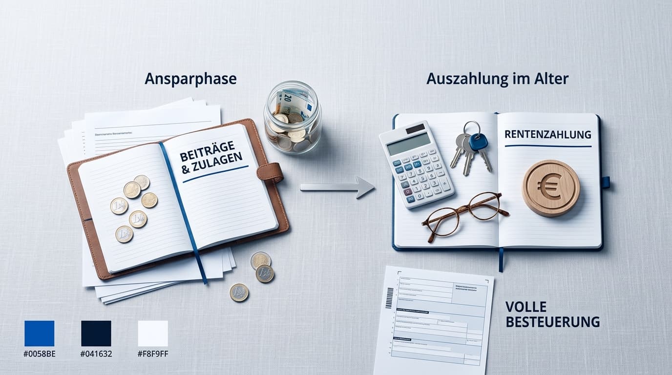 Schematische Darstellung der nachgelagerten Besteuerung der Riester-Rente: steuerfreie Ansparphase mit Zulagen, volle Besteuerung der Auszahlung mit dem persönlichen Steuersatz im Alter · KI-generiert