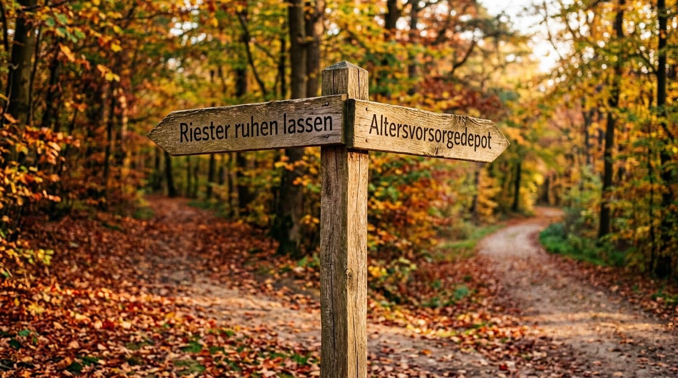 A wooden signpost at a fork in the path labelled "suspend Riester" and "Altersvorsorgedepot", surrounded by autumn leaves symbolising financial decisions.