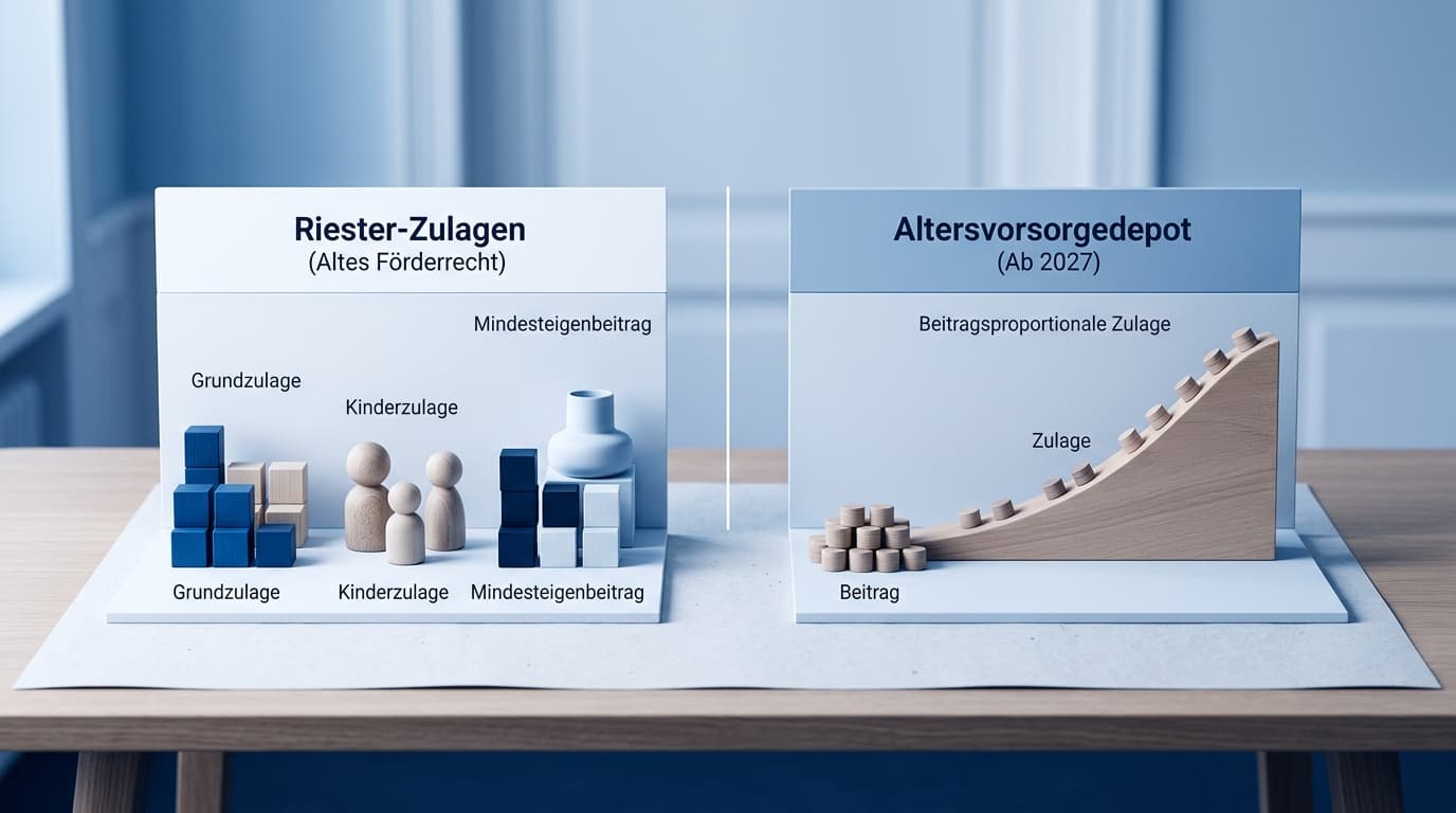 Schematic overview of Riester allowances: Grundzulage, Kinderzulage and minimum own contribution under the old subsidy rules, next to the contribution-proportional allowance of the Altersvorsorgedepot from 2027 · AI-generated