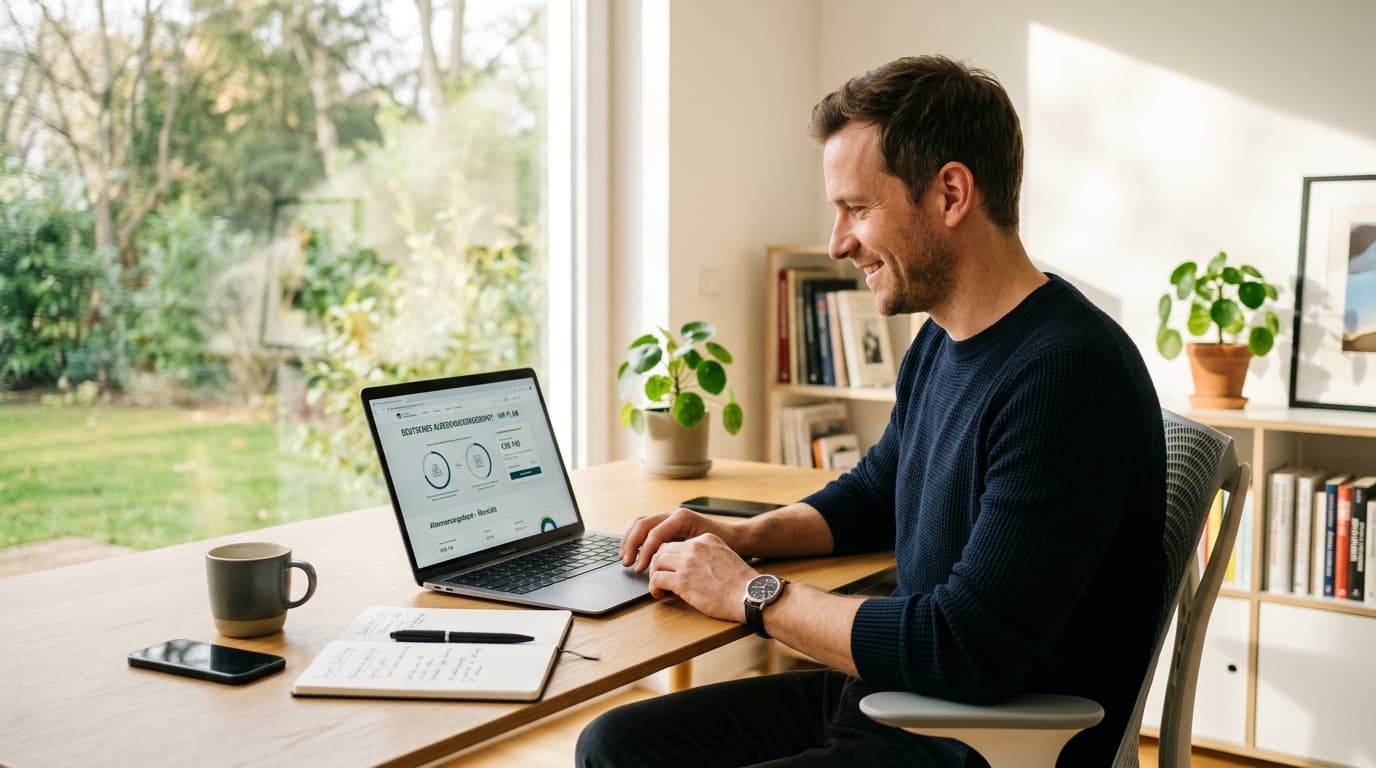 A self-employed freelancer works with focus on a laptop in a bright office, planning their private pension provision optimistically with the new Altersvorsorgedepot.