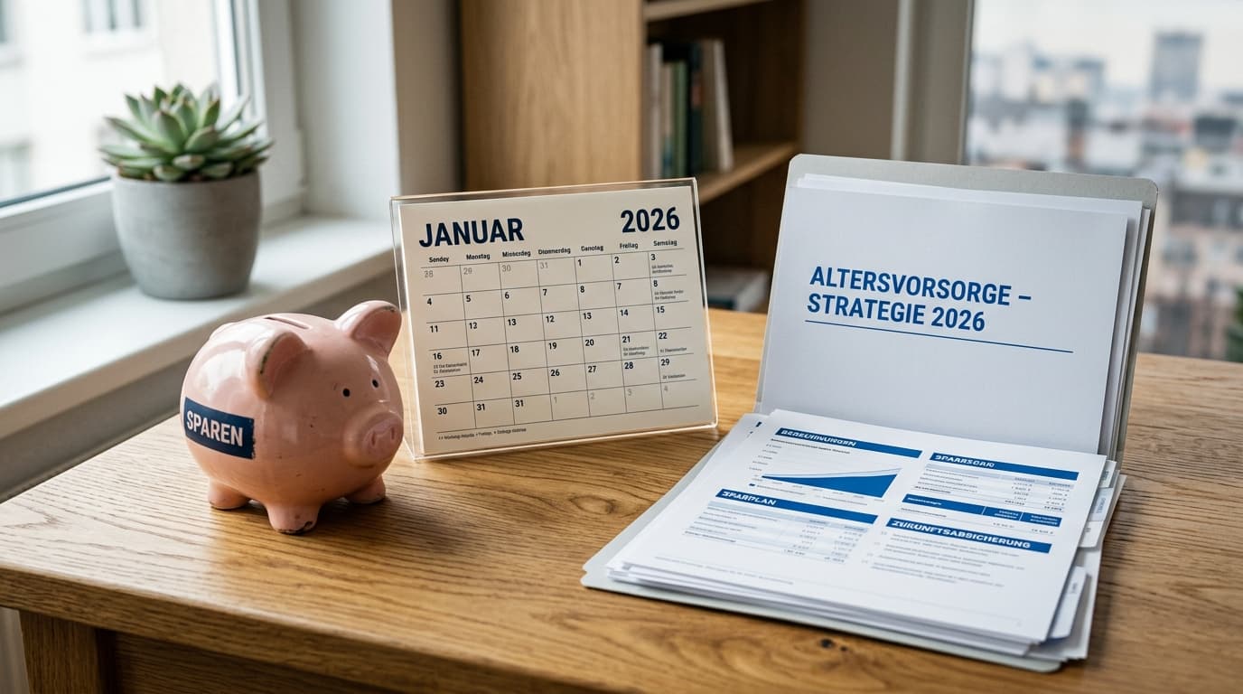 A piggy bank stands next to a calendar page for the year 2026 and retirement-planning documents on a wooden desk.