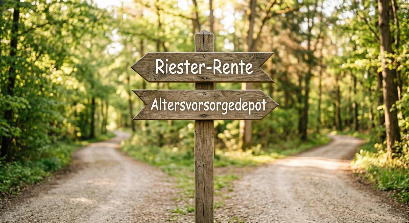 A stylised signpost at a fork in the road, labelled Riester-Rente and Altersvorsorgedepot, against a sunny background.