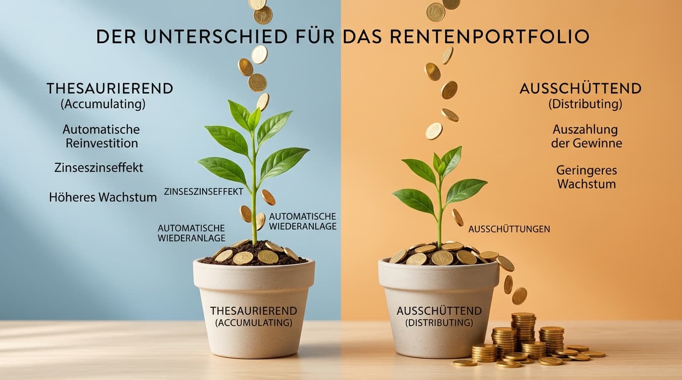 A graphic comparison of accumulating and distributing ETFs, focused on the automatic compound-interest effect in the Altersvorsorgedepot.