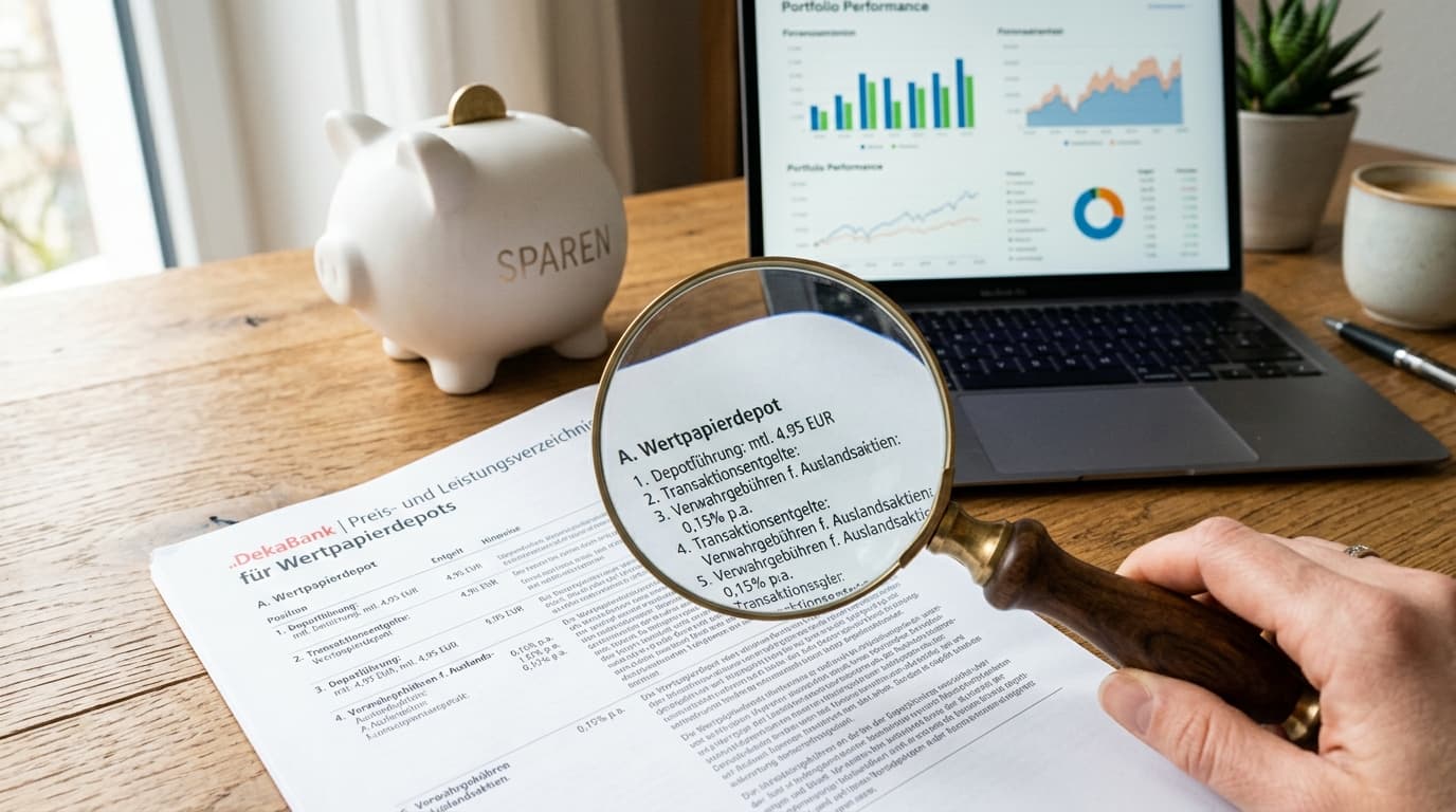 A magnifying glass lies on a printed price and services schedule for a securities account, with a piggy bank and a laptop showing financial charts in the background.