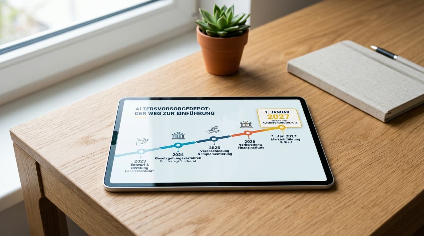 A modern timeline on a tablet showing the legislative path and the start date of the Altersvorsorgedepot on 1 January 2027 in a clear overview.