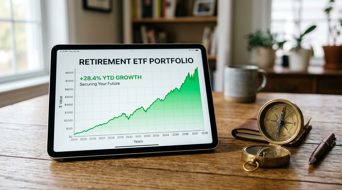 A modern tablet shows the value growth of an Altersvorsorgedepot with ETFs next to a compass on a wooden desk, symbolising the path to a secure pension.