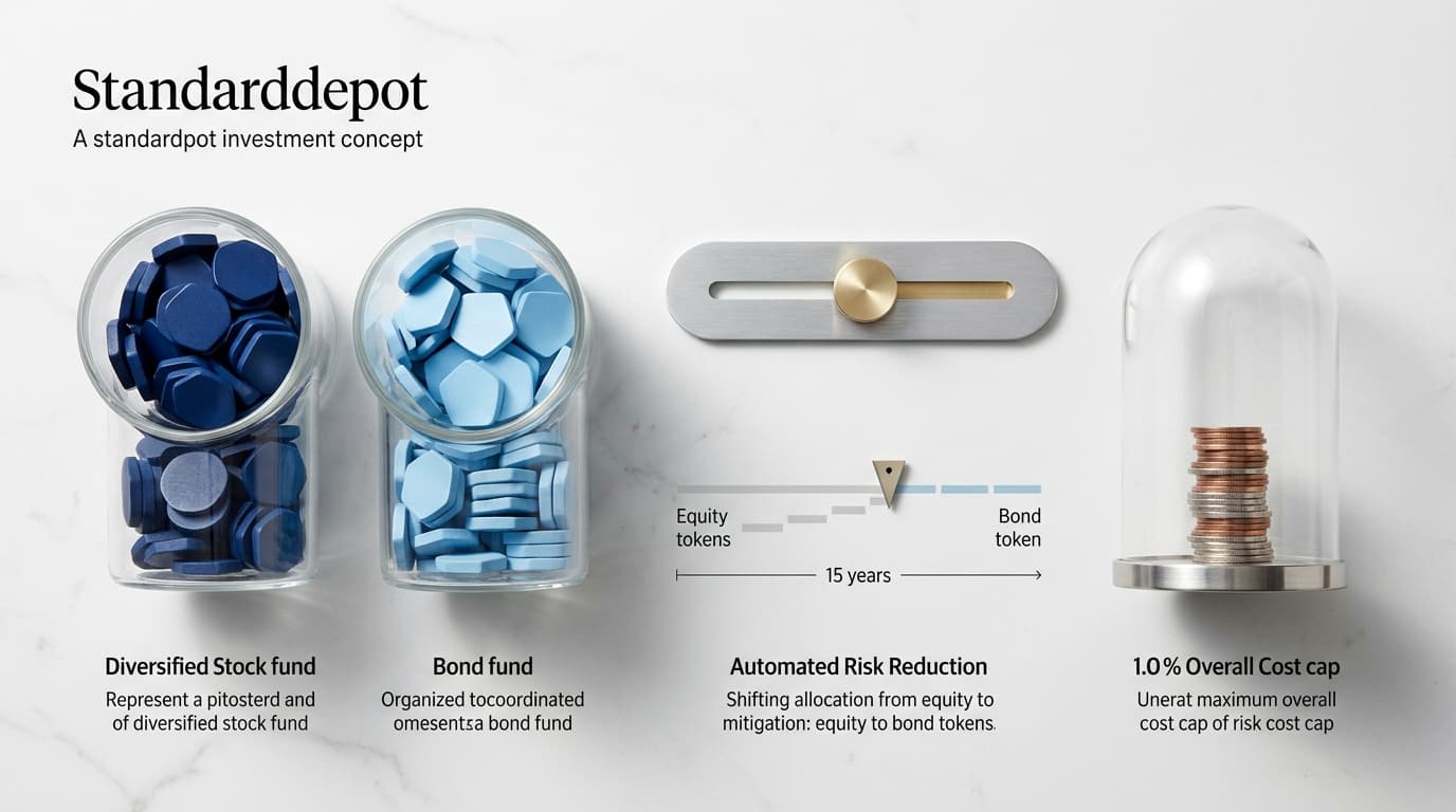 Infographic on the Standarddepot showing the split between the two investment funds, the 1.0 percent cost cap and the gradual risk reduction with age.